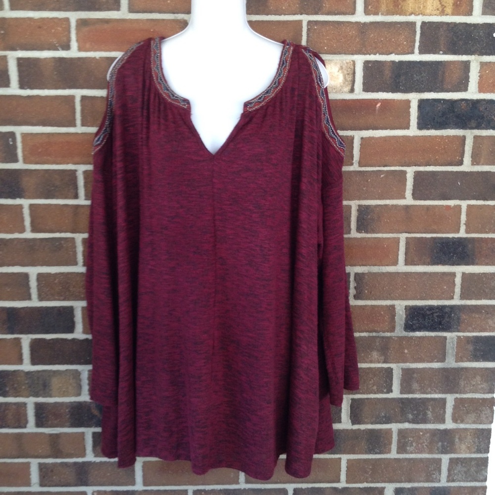 Cold Shoulder Flowy Burgundy Knit Top Beading 3X American Vintage Blues NWT